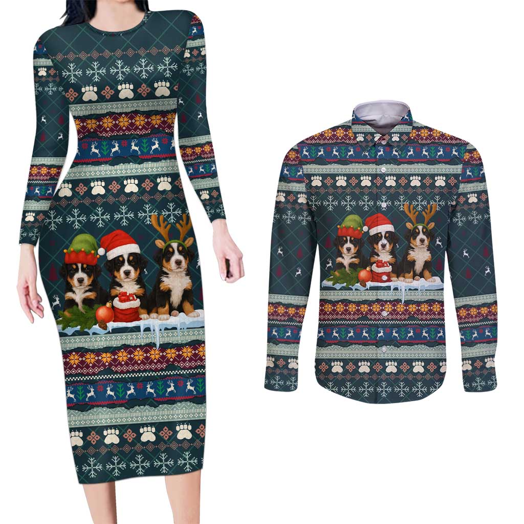 Bernese Mountain Dogs in Holiday Costumes Couples Matching Long Sleeve Bodycon Dress and Long Sleeve Button Shirt with Green Snowflake Pattern Design - Wonder Print Shop