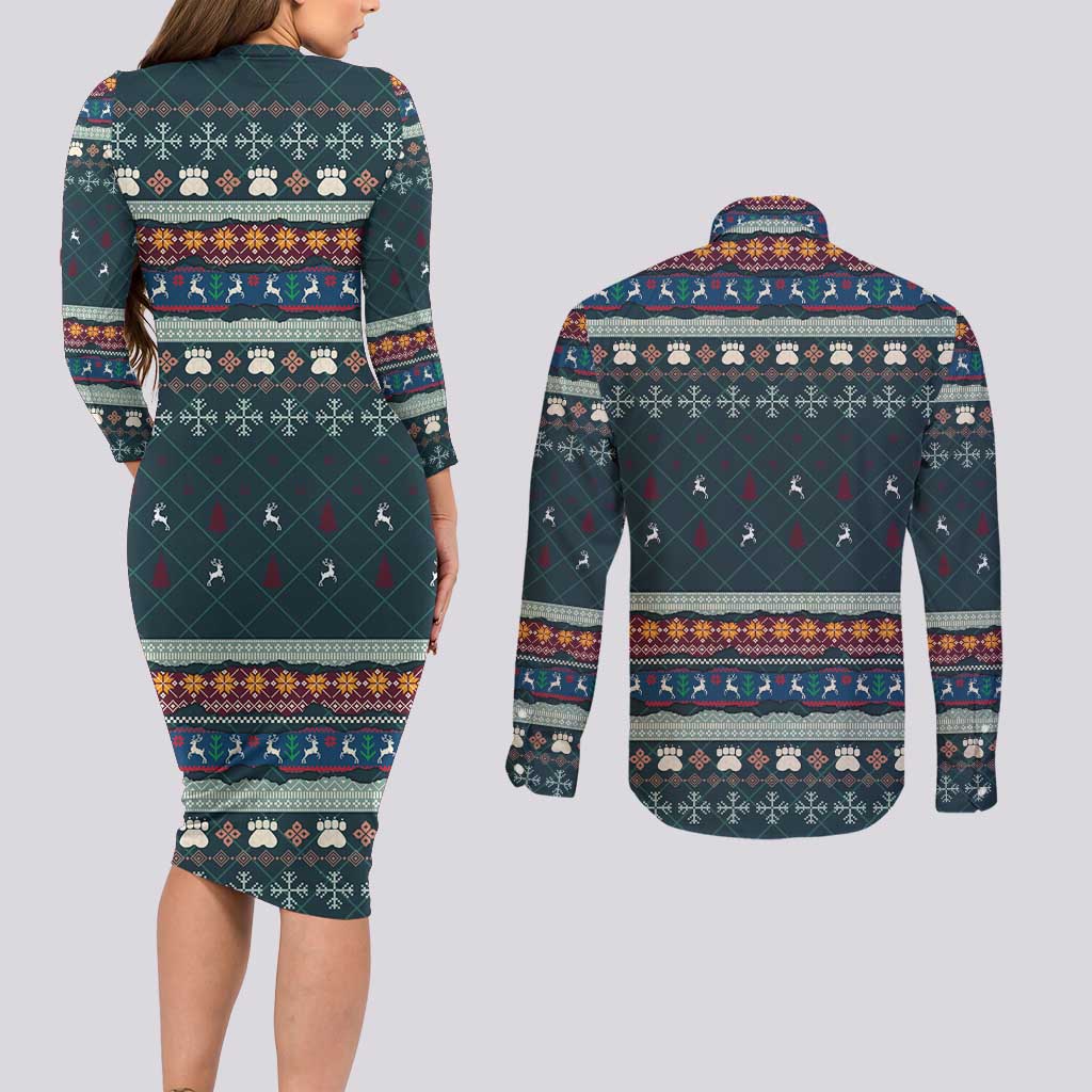 Bernese Mountain Dogs in Holiday Costumes Couples Matching Long Sleeve Bodycon Dress and Long Sleeve Button Shirt with Green Snowflake Pattern Design - Wonder Print Shop