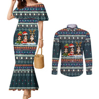 Bernese Mountain Dogs in Holiday Costumes Couples Matching Mermaid Dress and Long Sleeve Button Shirt with Green Snowflake Pattern Design - Wonder Print Shop