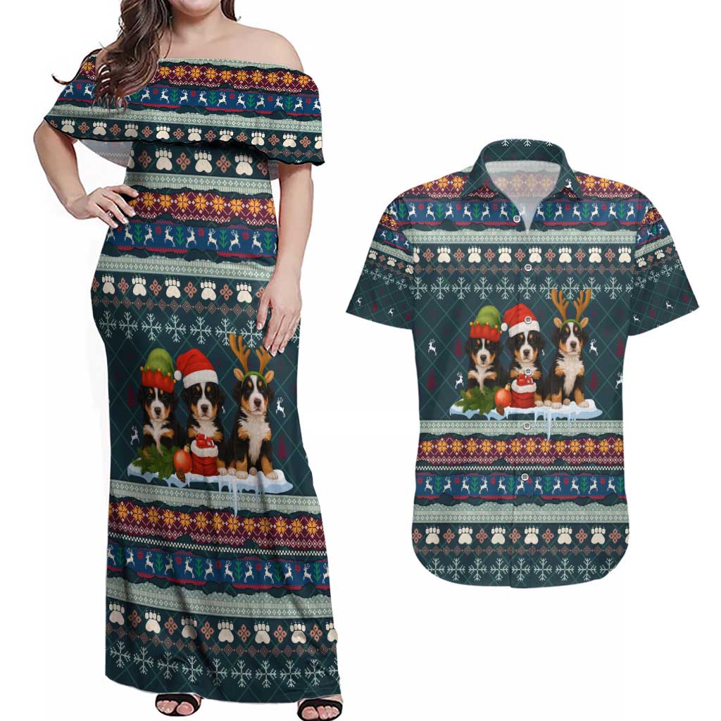 Bernese Mountain Dogs in Holiday Costumes Couples Matching Off Shoulder Maxi Dress and Hawaiian Shirt with Green Snowflake Pattern Design - Wonder Print Shop
