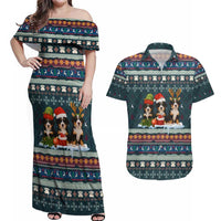 Bernese Mountain Dogs in Holiday Costumes Couples Matching Off Shoulder Maxi Dress and Hawaiian Shirt with Green Snowflake Pattern Design - Wonder Print Shop
