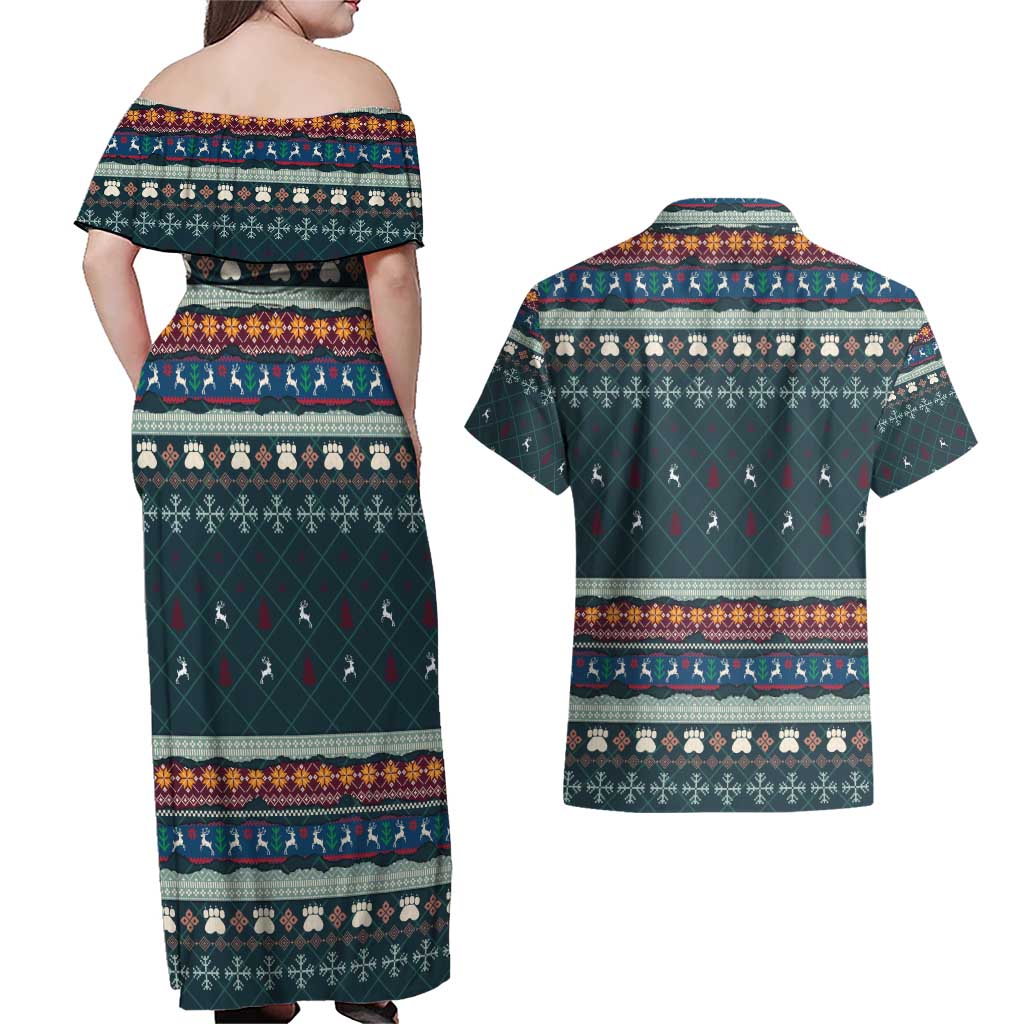 Bernese Mountain Dogs in Holiday Costumes Couples Matching Off Shoulder Maxi Dress and Hawaiian Shirt with Green Snowflake Pattern Design - Wonder Print Shop