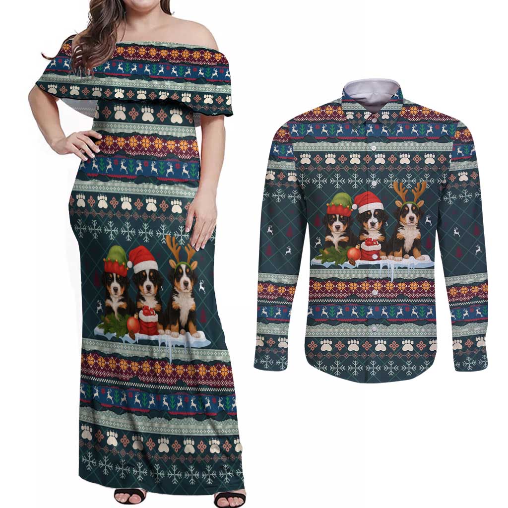 Bernese Mountain Dogs in Holiday Costumes Couples Matching Off Shoulder Maxi Dress and Long Sleeve Button Shirt with Green Snowflake Pattern Design - Wonder Print Shop