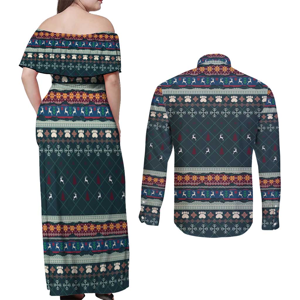 Bernese Mountain Dogs in Holiday Costumes Couples Matching Off Shoulder Maxi Dress and Long Sleeve Button Shirt with Green Snowflake Pattern Design - Wonder Print Shop