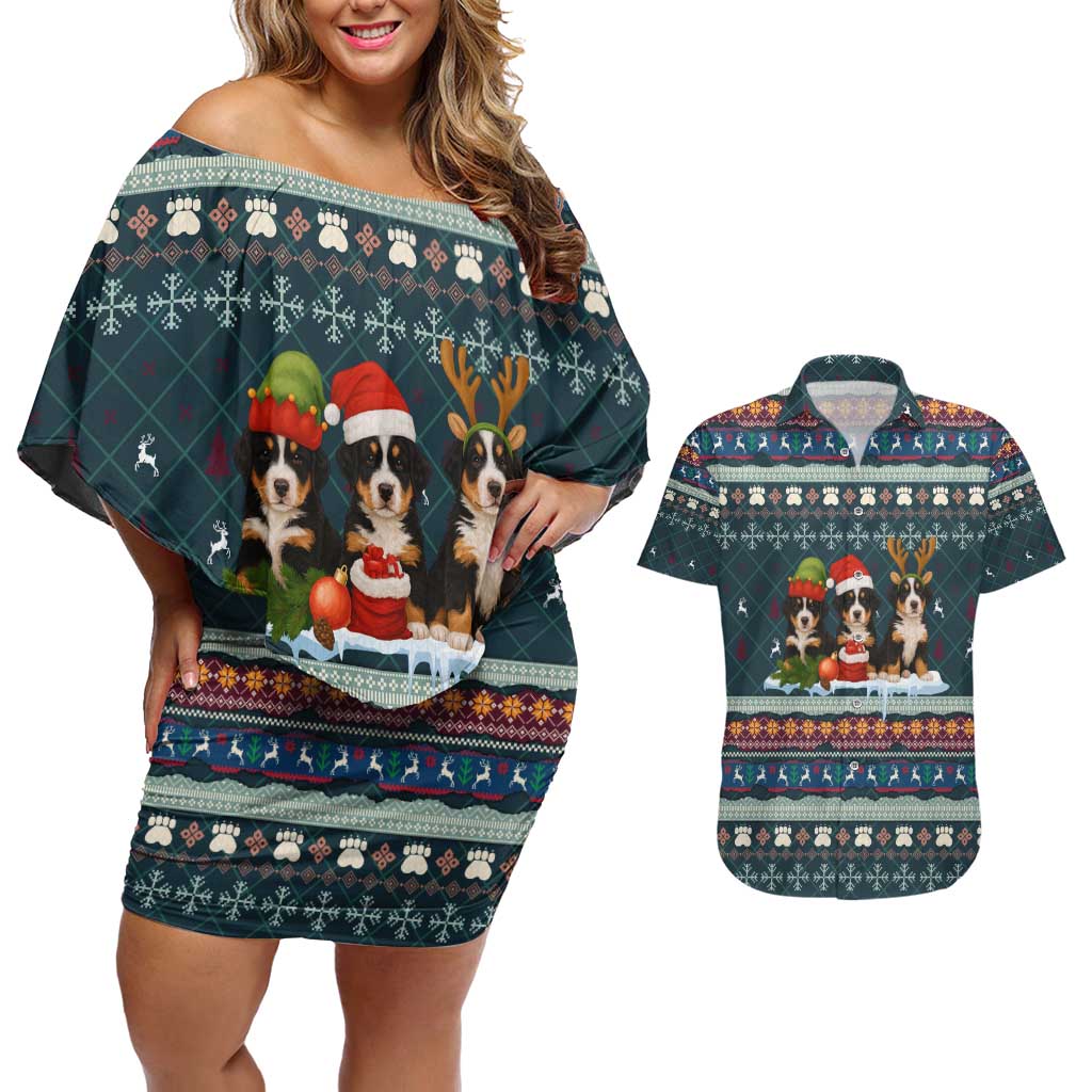 Bernese Mountain Dogs in Holiday Costumes Couples Matching Off Shoulder Short Dress and Hawaiian Shirt with Green Snowflake Pattern Design - Wonder Print Shop