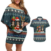 Bernese Mountain Dogs in Holiday Costumes Couples Matching Off Shoulder Short Dress and Hawaiian Shirt with Green Snowflake Pattern Design - Wonder Print Shop