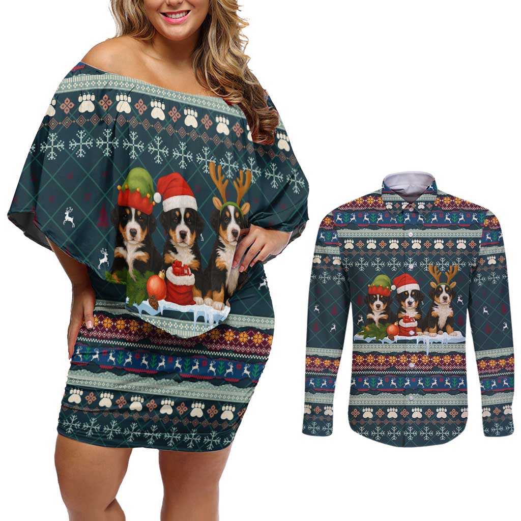 Bernese Mountain Dogs in Holiday Costumes Couples Matching Off Shoulder Short Dress and Long Sleeve Button Shirt with Green Snowflake Pattern Design - Wonder Print Shop