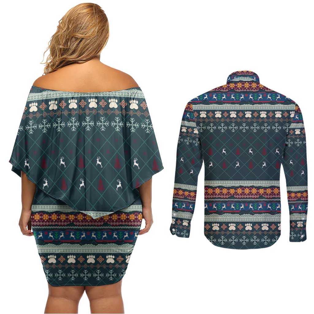 Bernese Mountain Dogs in Holiday Costumes Couples Matching Off Shoulder Short Dress and Long Sleeve Button Shirt with Green Snowflake Pattern Design - Wonder Print Shop