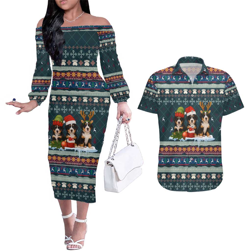 Bernese Mountain Dogs in Holiday Costumes Couples Matching Off The Shoulder Long Sleeve Dress and Hawaiian Shirt with Green Snowflake Pattern Design - Wonder Print Shop
