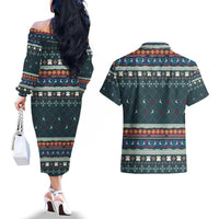 Bernese Mountain Dogs in Holiday Costumes Couples Matching Off The Shoulder Long Sleeve Dress and Hawaiian Shirt with Green Snowflake Pattern Design - Wonder Print Shop