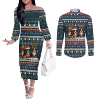 Bernese Mountain Dogs in Holiday Costumes Couples Matching Off The Shoulder Long Sleeve Dress and Long Sleeve Button Shirt with Green Snowflake Pattern Design - Wonder Print Shop
