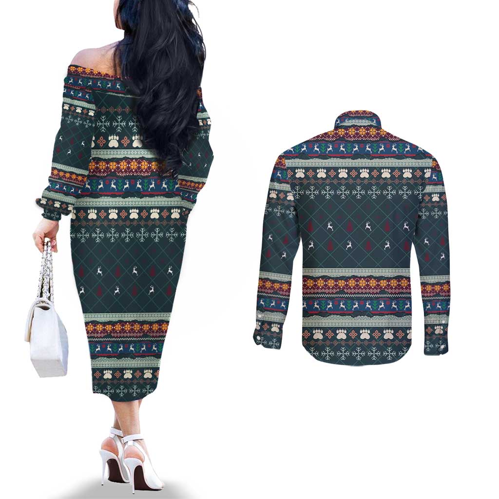 Bernese Mountain Dogs in Holiday Costumes Couples Matching Off The Shoulder Long Sleeve Dress and Long Sleeve Button Shirt with Green Snowflake Pattern Design - Wonder Print Shop