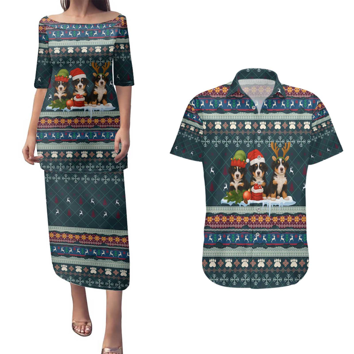 Bernese Mountain Dogs in Holiday Costumes Couples Matching Puletasi and Hawaiian Shirt with Green Snowflake Pattern Design - Wonder Print Shop
