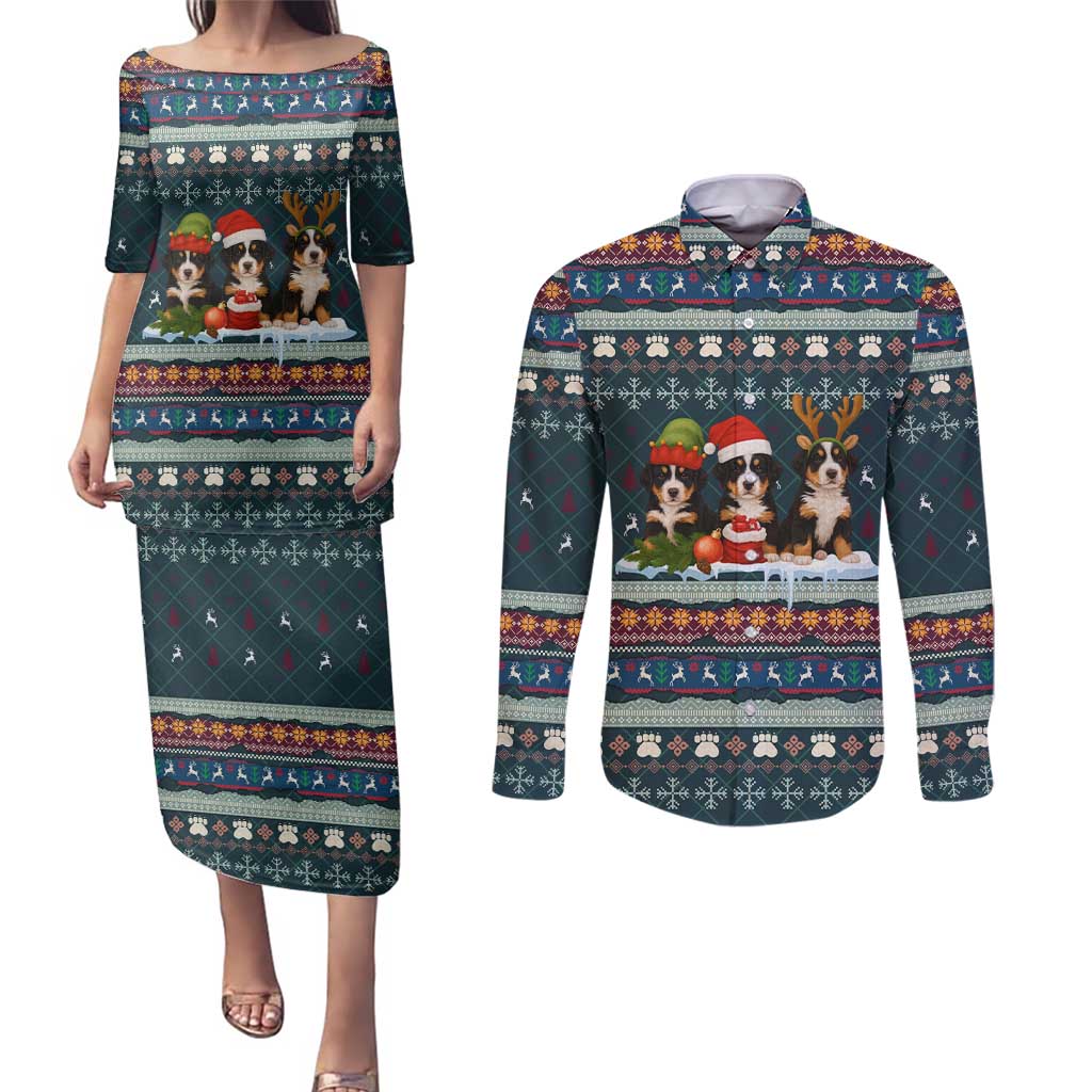 Bernese Mountain Dogs in Holiday Costumes Couples Matching Puletasi and Long Sleeve Button Shirt with Green Snowflake Pattern Design - Wonder Print Shop