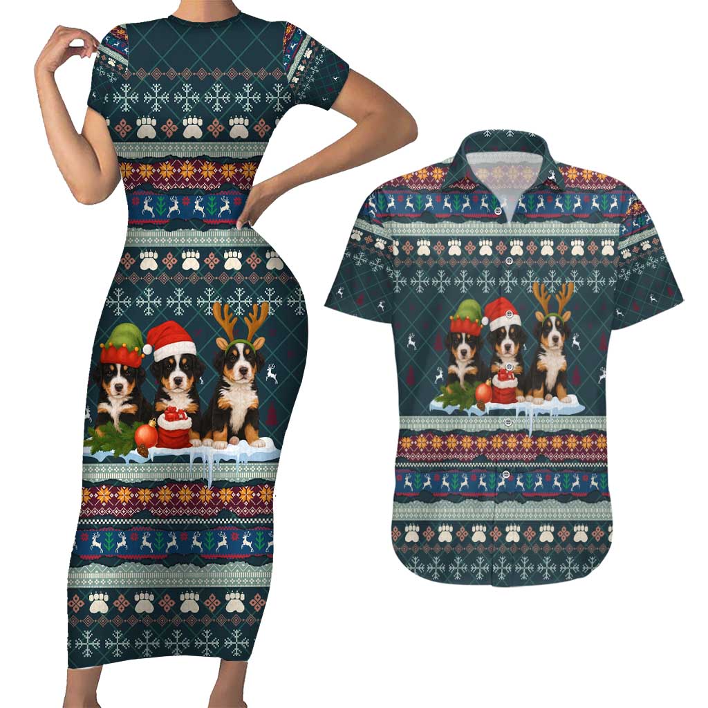 Bernese Mountain Dogs in Holiday Costumes Couples Matching Short Sleeve Bodycon Dress and Hawaiian Shirt with Green Snowflake Pattern Design - Wonder Print Shop