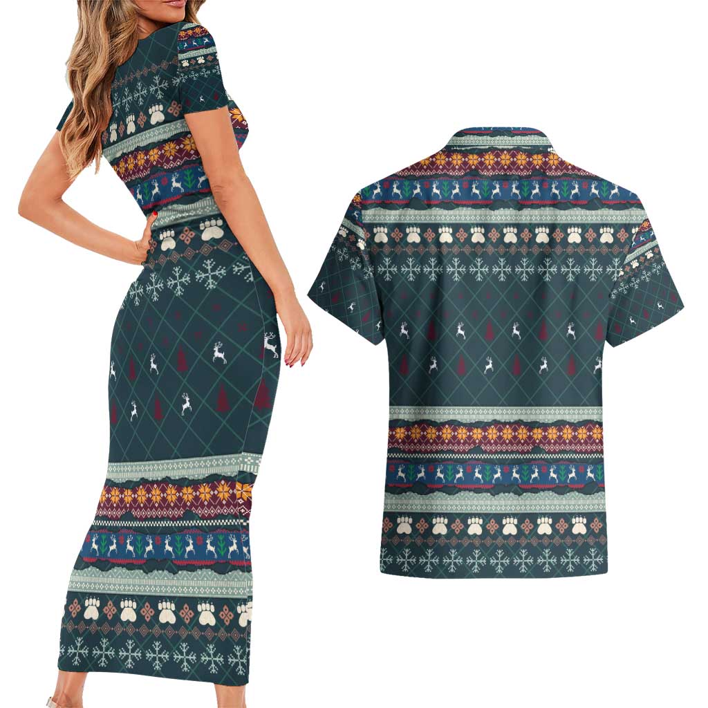 Bernese Mountain Dogs in Holiday Costumes Couples Matching Short Sleeve Bodycon Dress and Hawaiian Shirt with Green Snowflake Pattern Design - Wonder Print Shop