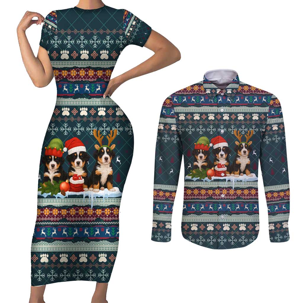 Bernese Mountain Dogs in Holiday Costumes Couples Matching Short Sleeve Bodycon Dress and Long Sleeve Button Shirt with Green Snowflake Pattern Design - Wonder Print Shop