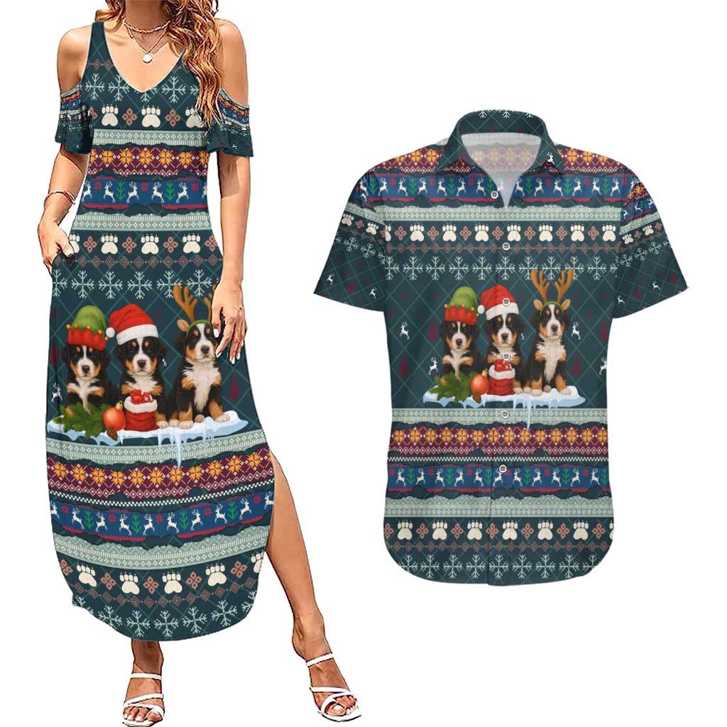 Bernese Mountain Dogs in Holiday Costumes Couples Matching Summer Maxi Dress and Hawaiian Shirt with Green Snowflake Pattern Design - Wonder Print Shop