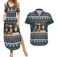 Bernese Mountain Dogs in Holiday Costumes Couples Matching Summer Maxi Dress and Hawaiian Shirt with Green Snowflake Pattern Design - Wonder Print Shop