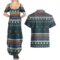 Bernese Mountain Dogs in Holiday Costumes Couples Matching Summer Maxi Dress and Hawaiian Shirt with Green Snowflake Pattern Design - Wonder Print Shop