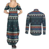 Bernese Mountain Dogs in Holiday Costumes Couples Matching Summer Maxi Dress and Long Sleeve Button Shirt with Green Snowflake Pattern Design - Wonder Print Shop