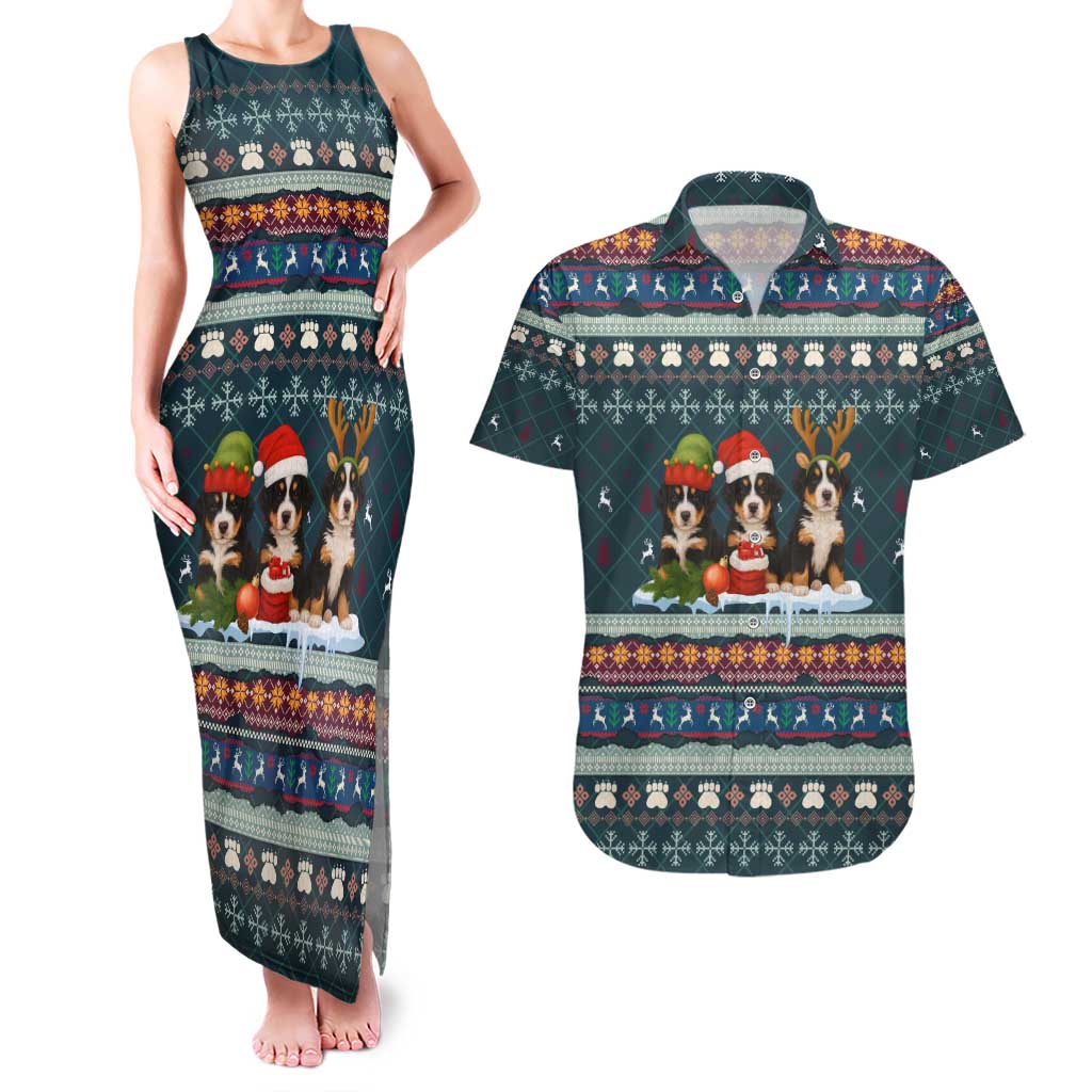 Bernese Mountain Dogs in Holiday Costumes Couples Matching Tank Maxi Dress and Hawaiian Shirt with Green Snowflake Pattern Design - Wonder Print Shop