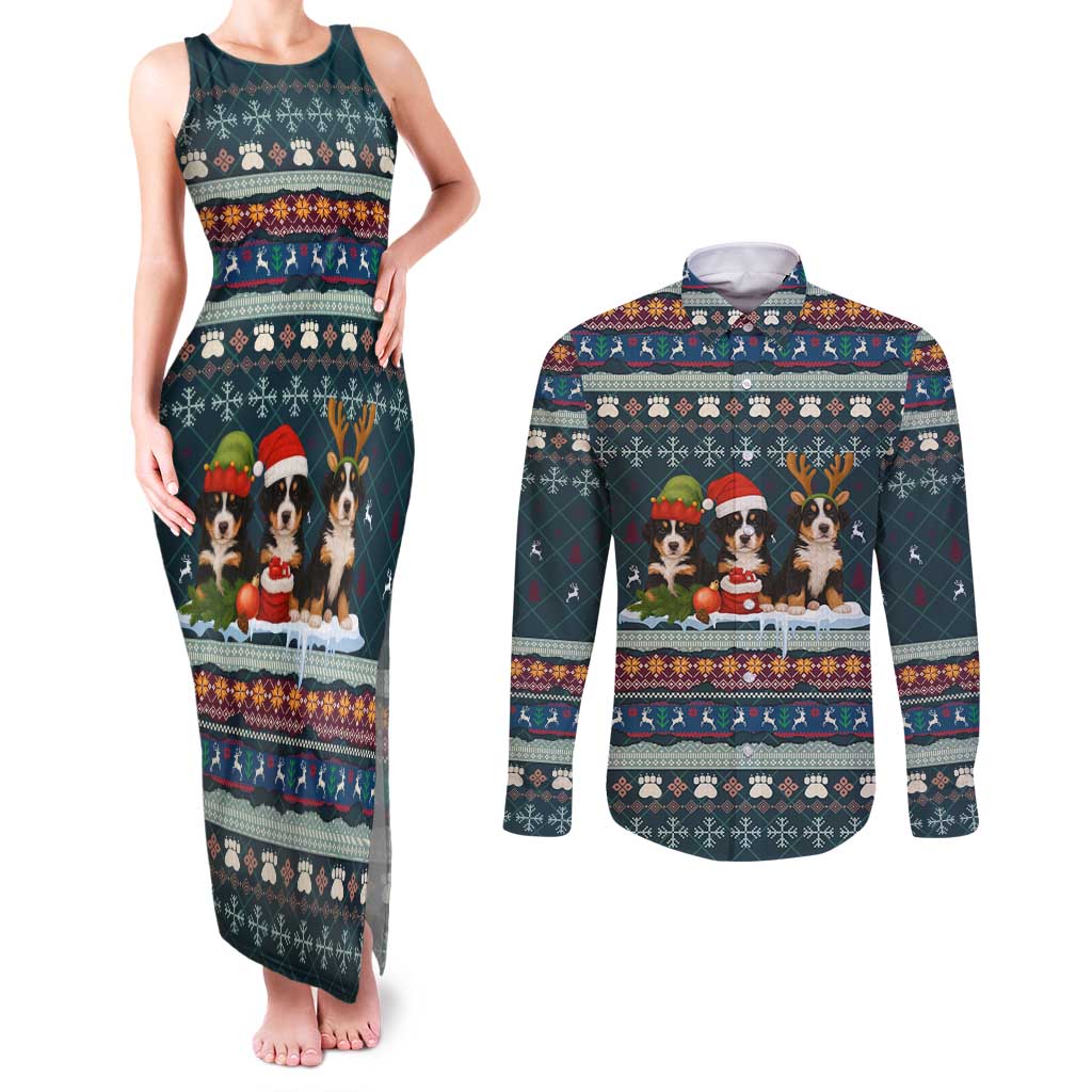 Bernese Mountain Dogs in Holiday Costumes Couples Matching Tank Maxi Dress and Long Sleeve Button Shirt with Green Snowflake Pattern Design - Wonder Print Shop