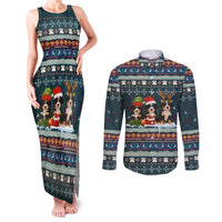 Bernese Mountain Dogs in Holiday Costumes Couples Matching Tank Maxi Dress and Long Sleeve Button Shirt with Green Snowflake Pattern Design - Wonder Print Shop