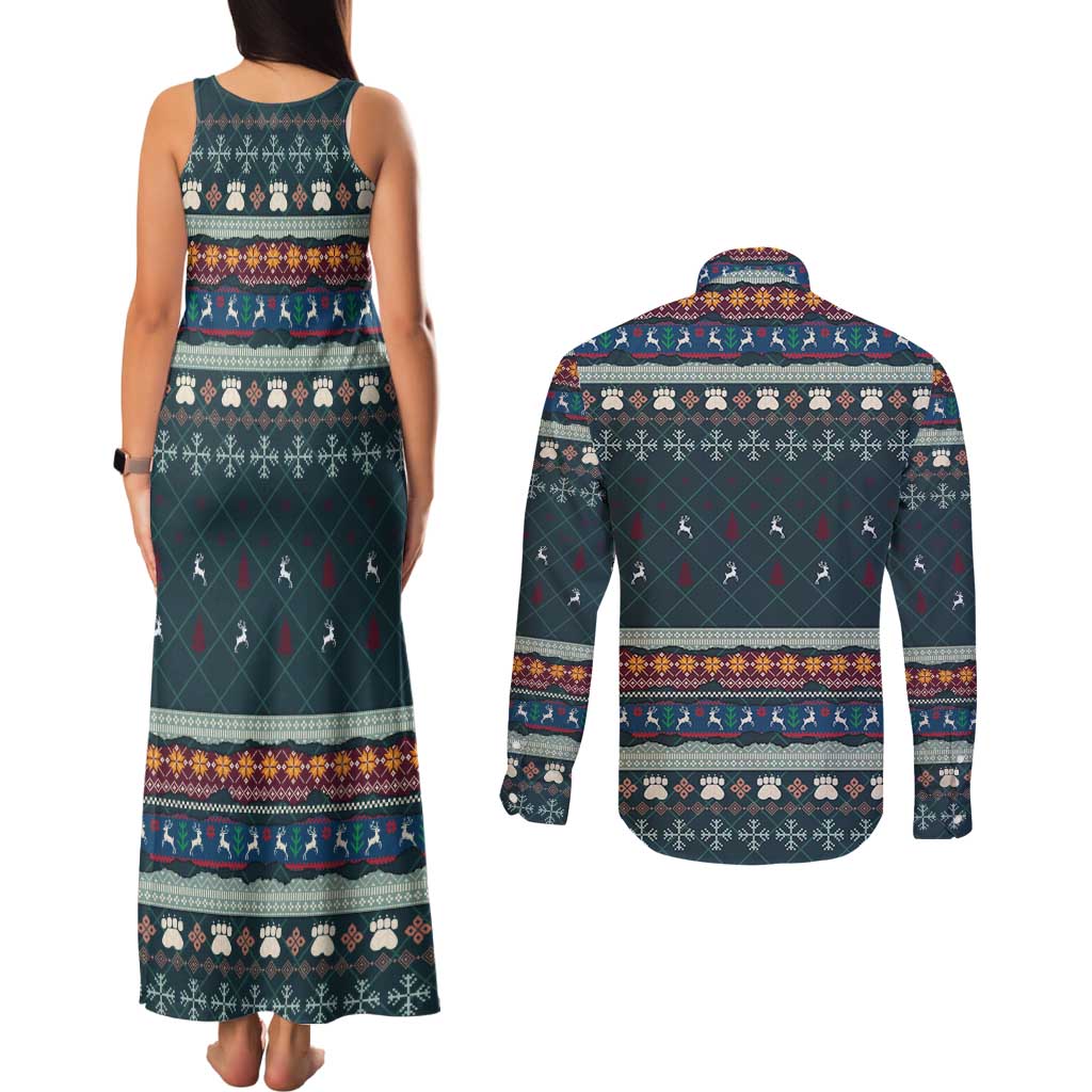 Bernese Mountain Dogs in Holiday Costumes Couples Matching Tank Maxi Dress and Long Sleeve Button Shirt with Green Snowflake Pattern Design - Wonder Print Shop
