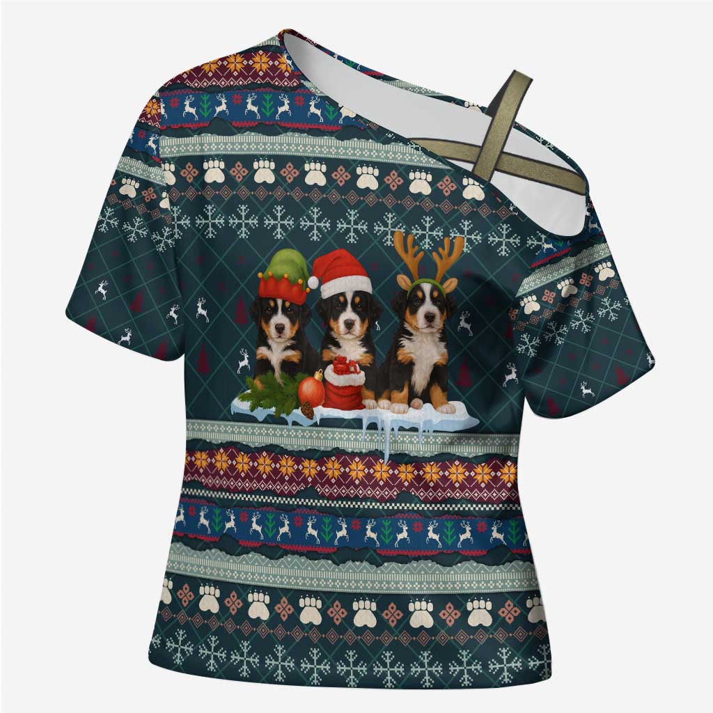Bernese Mountain Dogs in Holiday Costumes Cross Shoulder Shirt with Green Snowflake Pattern Design - Wonder Print Shop