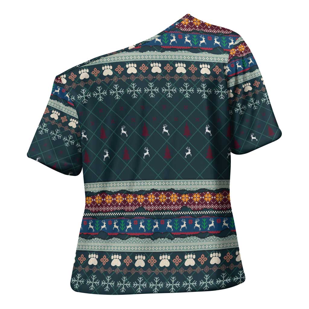 Bernese Mountain Dogs in Holiday Costumes Cross Shoulder Shirt with Green Snowflake Pattern Design - Wonder Print Shop