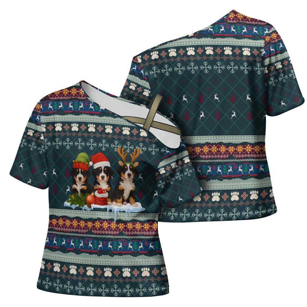 Bernese Mountain Dogs in Holiday Costumes Cross Shoulder Shirt with Green Snowflake Pattern Design - Wonder Print Shop