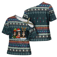 Bernese Mountain Dogs in Holiday Costumes Cross Shoulder Shirt with Green Snowflake Pattern Design - Wonder Print Shop