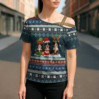 Bernese Mountain Dogs in Holiday Costumes Cross Shoulder Shirt with Green Snowflake Pattern Design - Wonder Print Shop