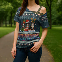 Bernese Mountain Dogs in Holiday Costumes Cross Shoulder Shirt with Green Snowflake Pattern Design - Wonder Print Shop