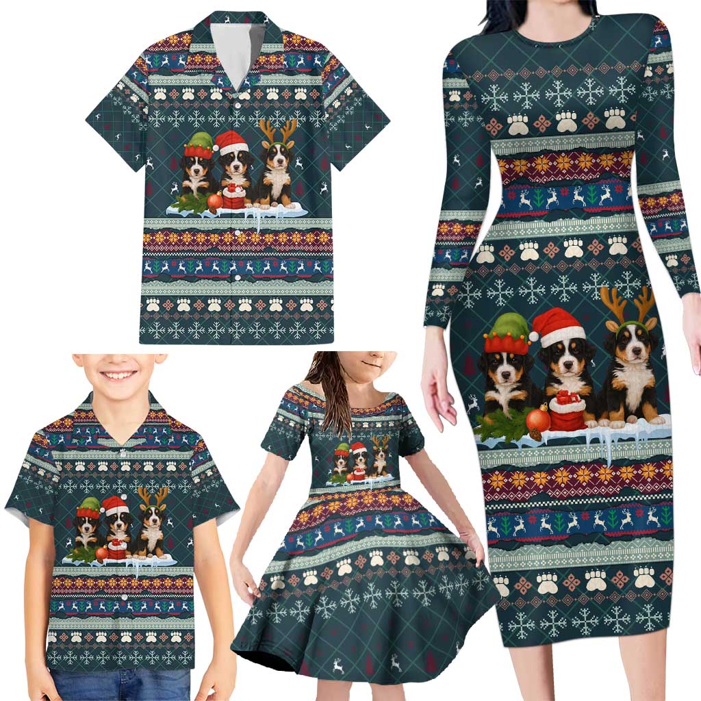 Bernese Mountain Dogs in Holiday Costumes Family Matching Long Sleeve Bodycon Dress and Hawaiian Shirt with Green Snowflake Pattern Design - Wonder Print Shop