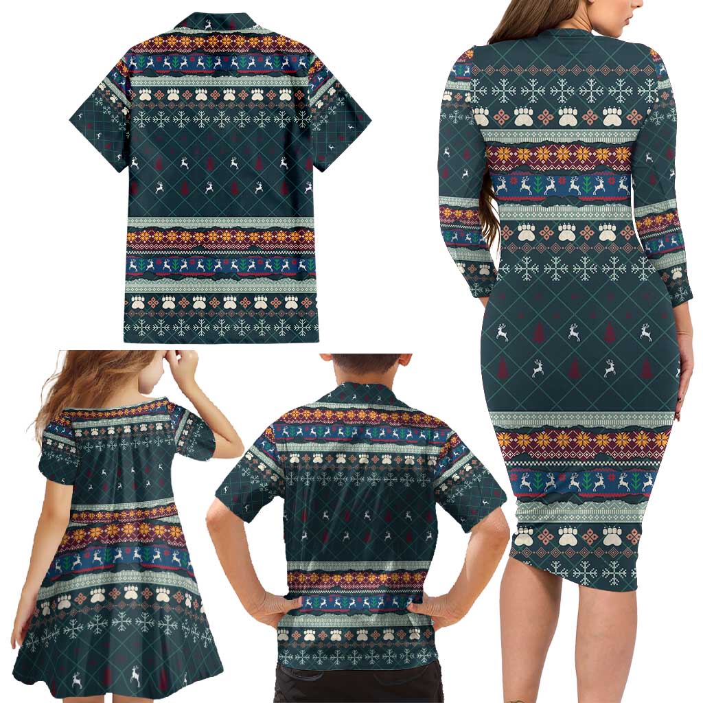 Bernese Mountain Dogs in Holiday Costumes Family Matching Long Sleeve Bodycon Dress and Hawaiian Shirt with Green Snowflake Pattern Design - Wonder Print Shop