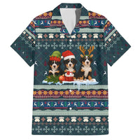 Bernese Mountain Dogs in Holiday Costumes Family Matching Long Sleeve Bodycon Dress and Hawaiian Shirt with Green Snowflake Pattern Design - Wonder Print Shop
