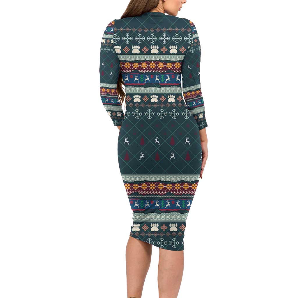 Bernese Mountain Dogs in Holiday Costumes Family Matching Long Sleeve Bodycon Dress and Hawaiian Shirt with Green Snowflake Pattern Design - Wonder Print Shop