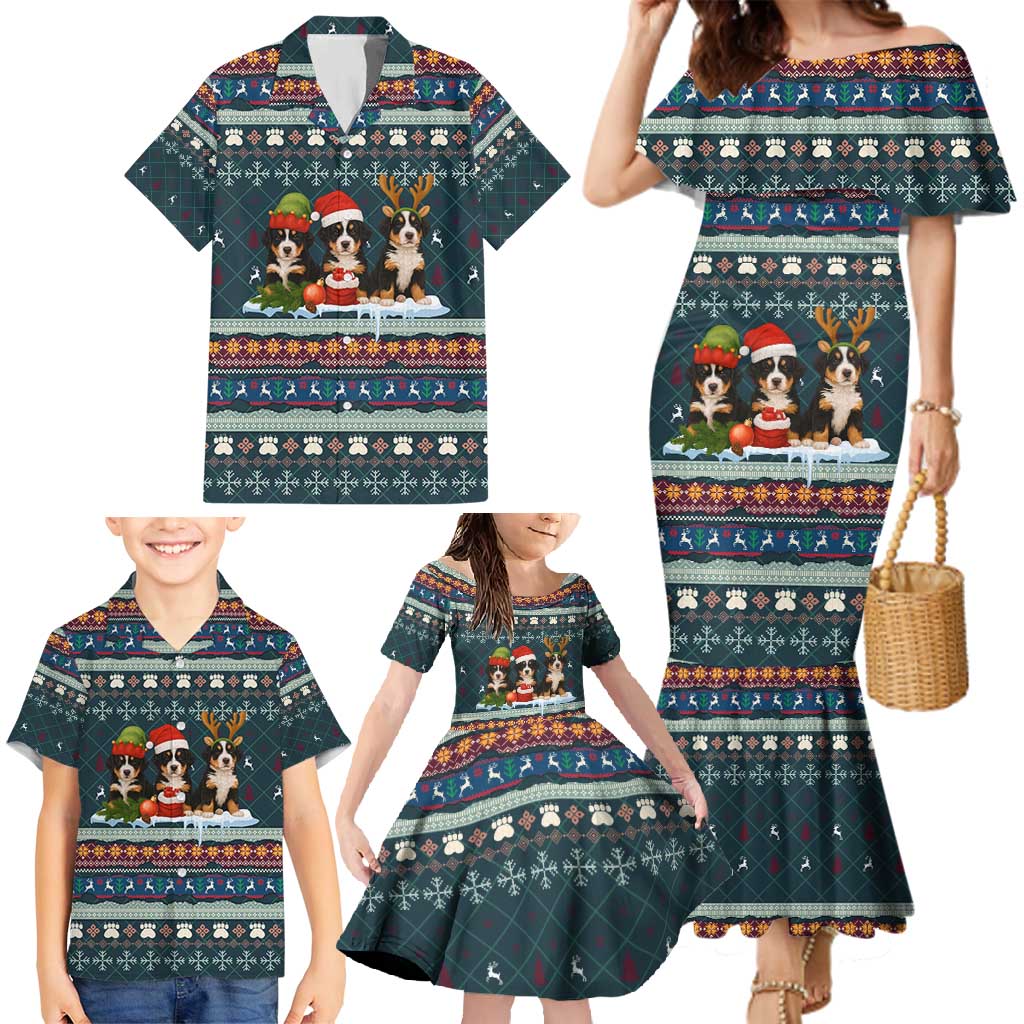 Bernese Mountain Dogs in Holiday Costumes Family Matching Mermaid Dress and Hawaiian Shirt with Green Snowflake Pattern Design - Wonder Print Shop