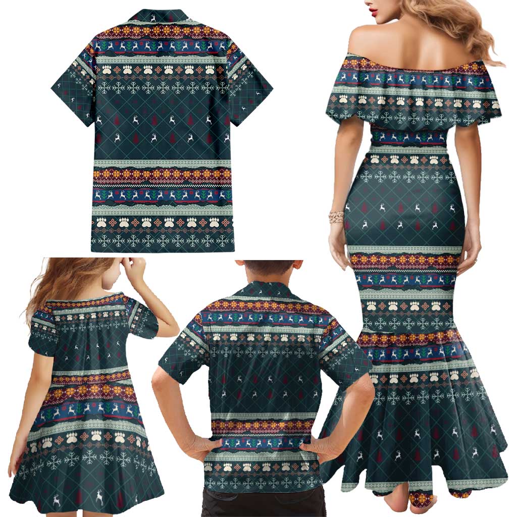 Bernese Mountain Dogs in Holiday Costumes Family Matching Mermaid Dress and Hawaiian Shirt with Green Snowflake Pattern Design - Wonder Print Shop