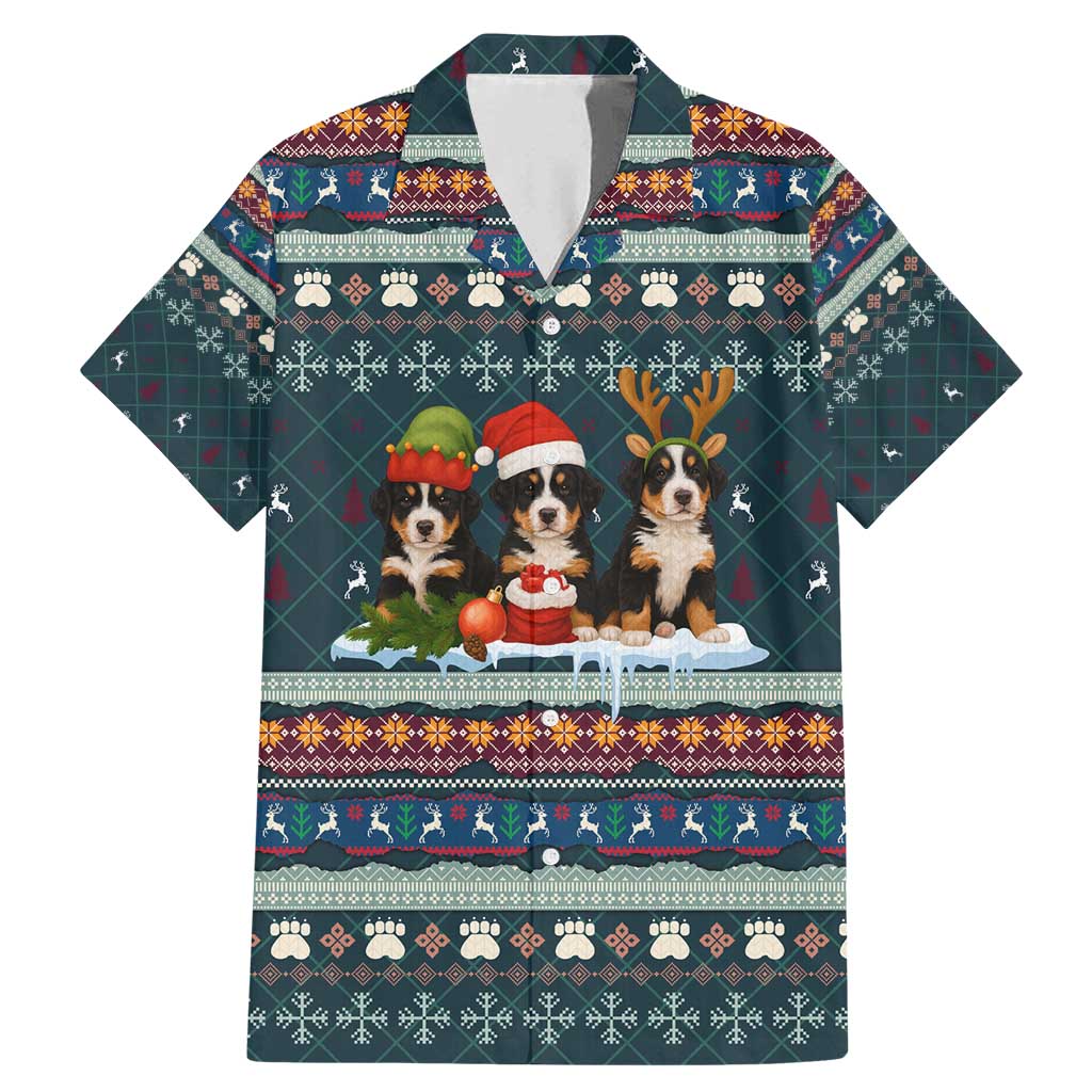 Bernese Mountain Dogs in Holiday Costumes Family Matching Mermaid Dress and Hawaiian Shirt with Green Snowflake Pattern Design - Wonder Print Shop