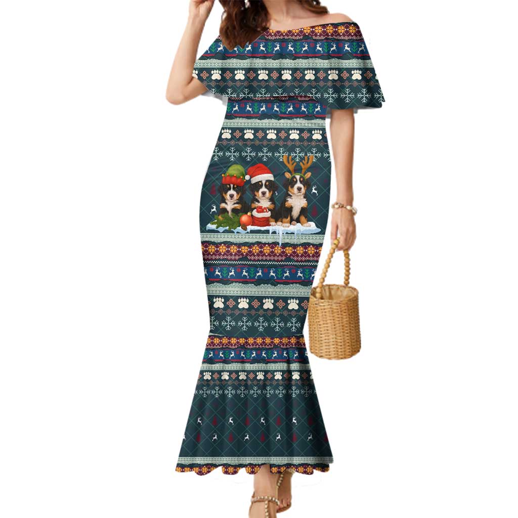 Bernese Mountain Dogs in Holiday Costumes Family Matching Mermaid Dress and Hawaiian Shirt with Green Snowflake Pattern Design - Wonder Print Shop