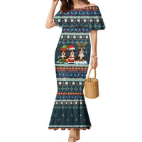 Bernese Mountain Dogs in Holiday Costumes Family Matching Mermaid Dress and Hawaiian Shirt with Green Snowflake Pattern Design - Wonder Print Shop
