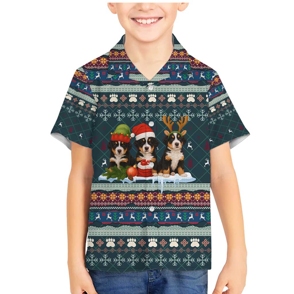 Bernese Mountain Dogs in Holiday Costumes Family Matching Mermaid Dress and Hawaiian Shirt with Green Snowflake Pattern Design - Wonder Print Shop