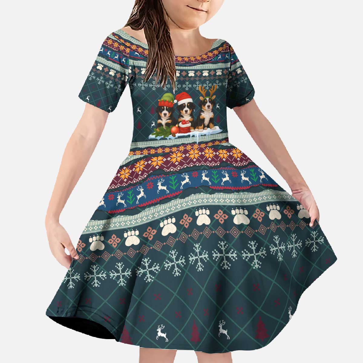 Bernese Mountain Dogs in Holiday Costumes Family Matching Off The Shoulder Long Sleeve Dress and Hawaiian Shirt with Green Snowflake Pattern Design - Wonder Print Shop