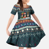 Bernese Mountain Dogs in Holiday Costumes Family Matching Off The Shoulder Long Sleeve Dress and Hawaiian Shirt with Green Snowflake Pattern Design - Wonder Print Shop