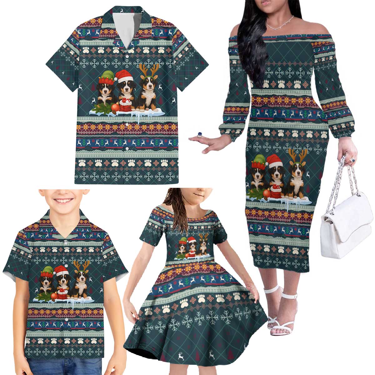 Bernese Mountain Dogs in Holiday Costumes Family Matching Off The Shoulder Long Sleeve Dress and Hawaiian Shirt with Green Snowflake Pattern Design - Wonder Print Shop