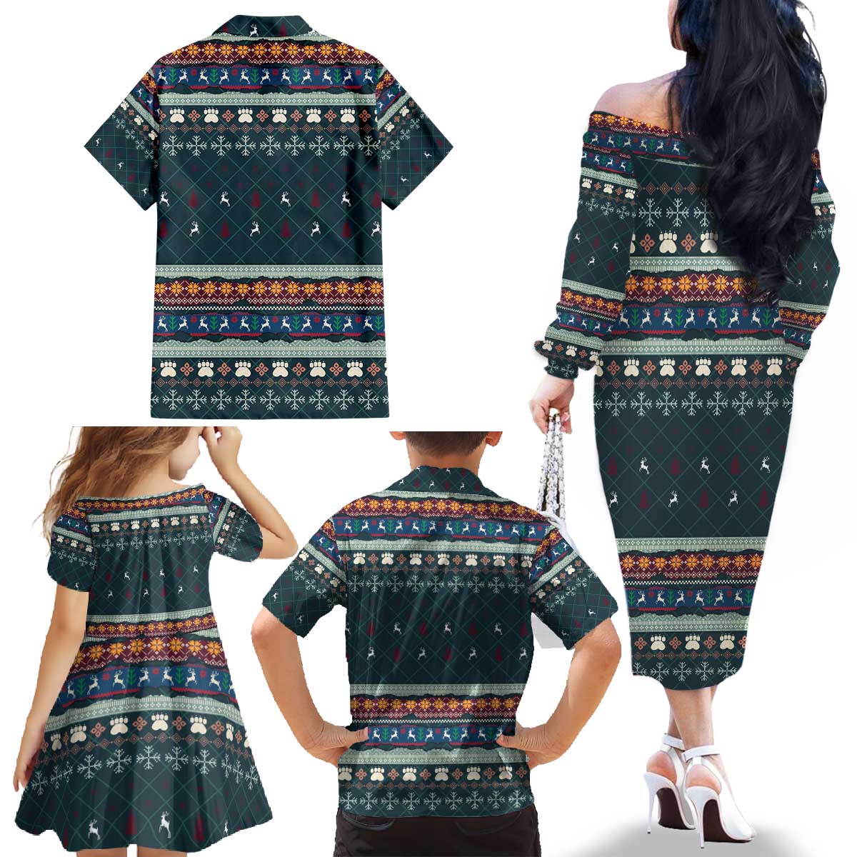 Bernese Mountain Dogs in Holiday Costumes Family Matching Off The Shoulder Long Sleeve Dress and Hawaiian Shirt with Green Snowflake Pattern Design - Wonder Print Shop