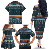 Bernese Mountain Dogs in Holiday Costumes Family Matching Off The Shoulder Long Sleeve Dress and Hawaiian Shirt with Green Snowflake Pattern Design - Wonder Print Shop